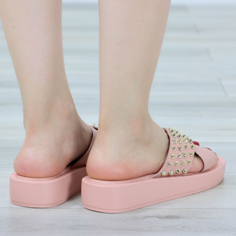 Pink Flat Sliders Sandals Slip On Faux Leather Gold Metal Stud Cross Over - Picture 5 of 14